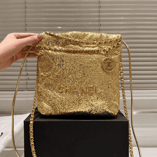 Chanel 22 Sequined Coin Bucket Bag Gold 6.7 Inches